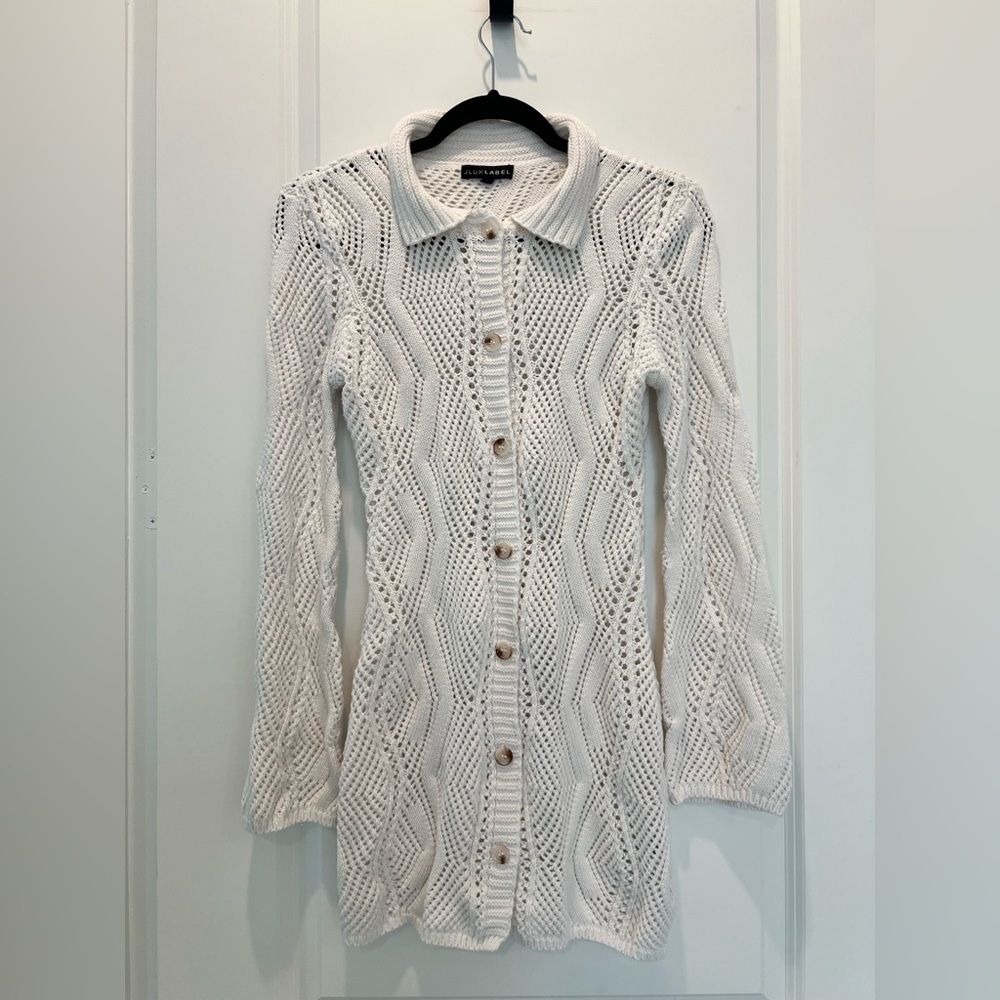 JLUX Label White Knit Cardigan Dress Small Collared Button Front Fitted